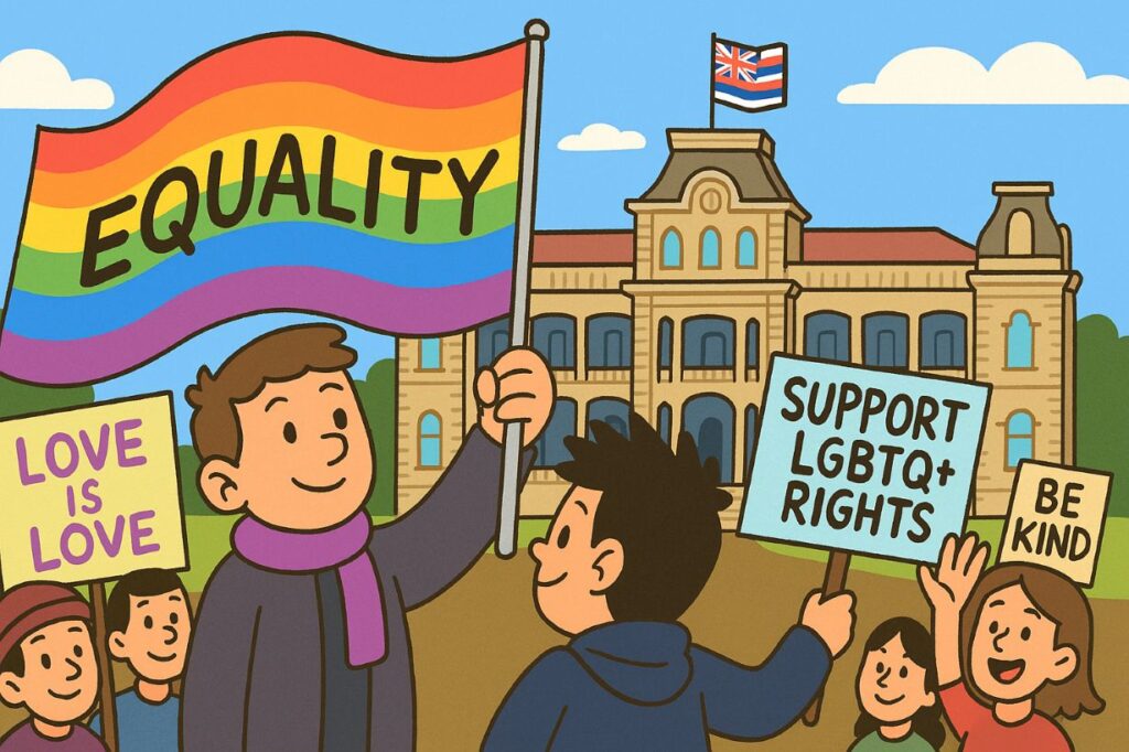 Cartoon of people holding signs for equality