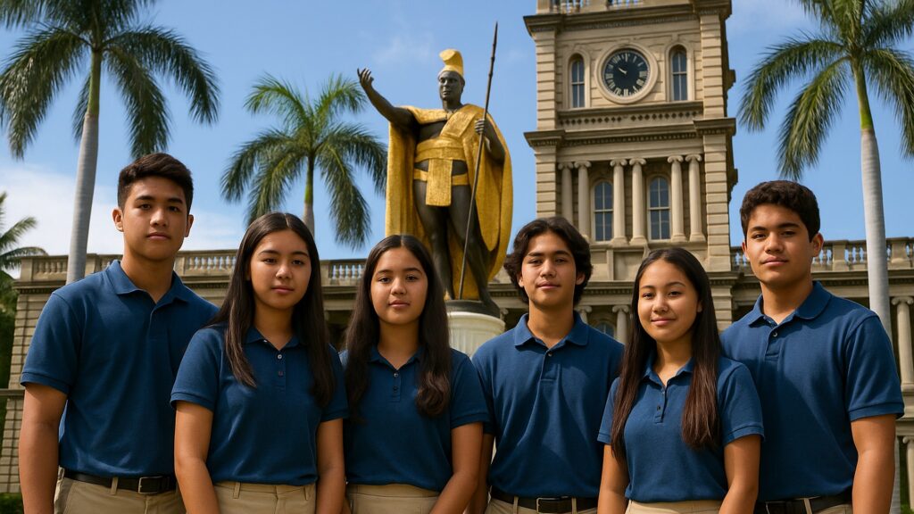 Kamehameha Students in front of statue