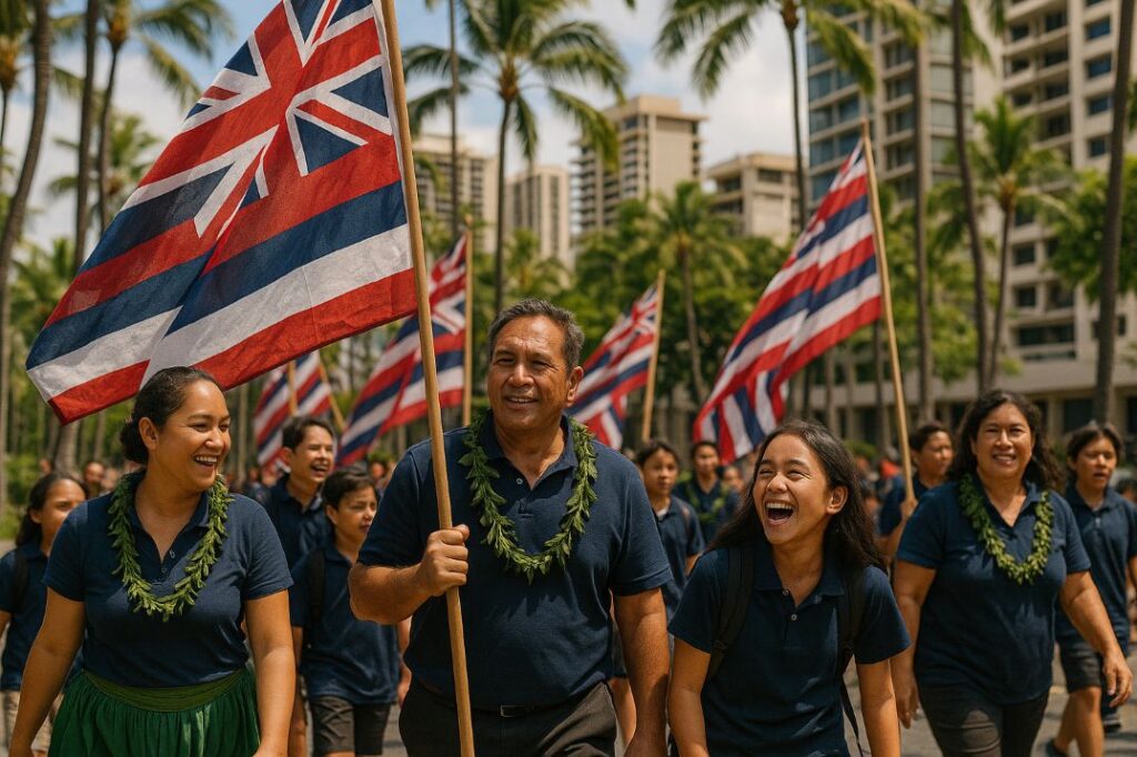 Hawaiian Protesters with flags