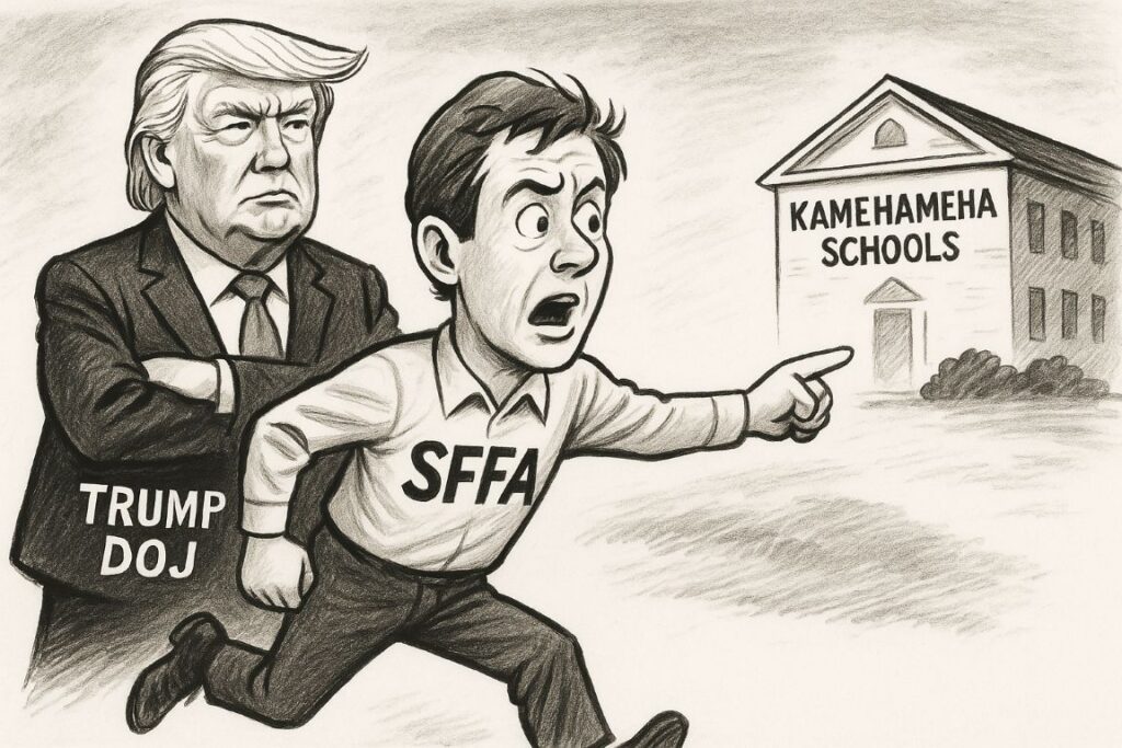 Editorial Cartoon of SFFA pointing at Kamehemeha Schools while Trump DOJ is looking