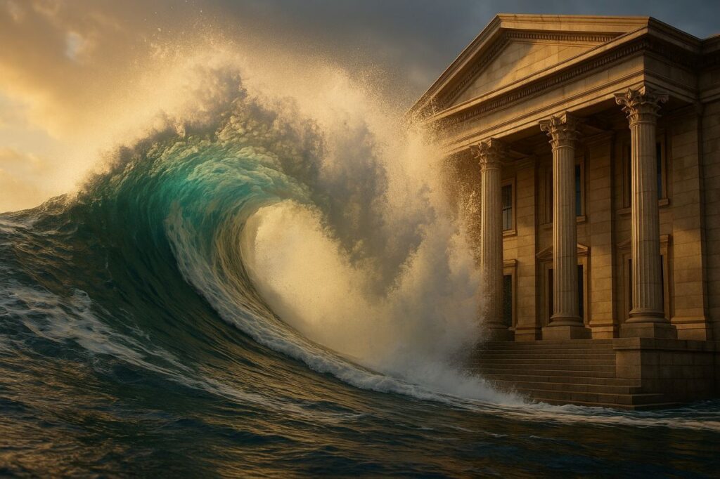 waves crashing on to the courthouse steps